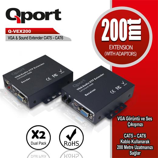 QPORT Q-VEX200 VGA EXTENDER CAT6 200M 2 Lİ PAKET 