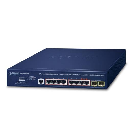 Pl-Gs-4210-8Hp2S Yönetilebilir Switch (Managed Switch)≪Br≫
6-Port 10/100/1000T Ieee 802.3At/Af Poe+ Injector  (Port 1 İle 6 Arası) (Port Başına 30.8 Watt)≪Br≫
2-Port 10/100/1000T Ieee 802.3Bt Poe++ Injector (Port 7 Ve 8) (Port Başına 8