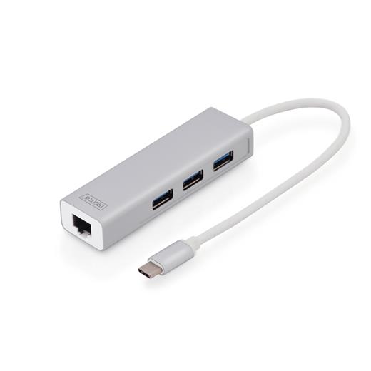 Da-70255 Digitus Usb 3.0 Hub &Amp; Usb 3.0 Gigabit Ethernet Adaptörü, 1 X 10/100/1000 Rj45 Dişi Yuva, 1 X Usb-C Erkek Konnektör (Bilgisayar Bağlantısı İçin), 3 X Usb 3.0 Usb-A Dişi Yuva (Usb Çevre Ürünü), Alüminyum, Mac Ve Windows Destekler